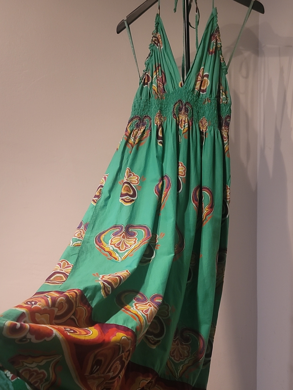 Angie Green Floral Maxi Halter with V-Neck and Smoked Back